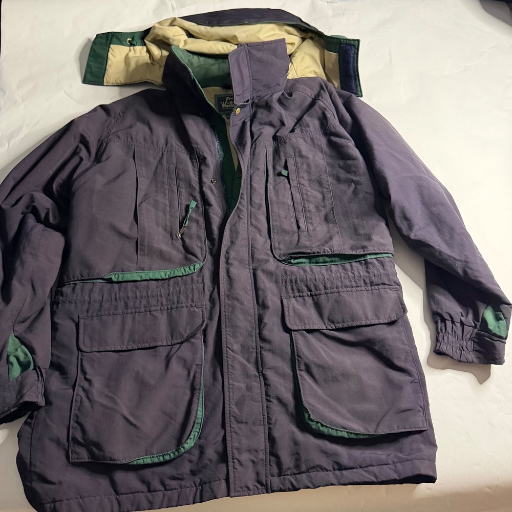 Woolrich Vintage Mens Parka Chore Jacket Navy Blue Green Size L Hooded‎ Outdoor